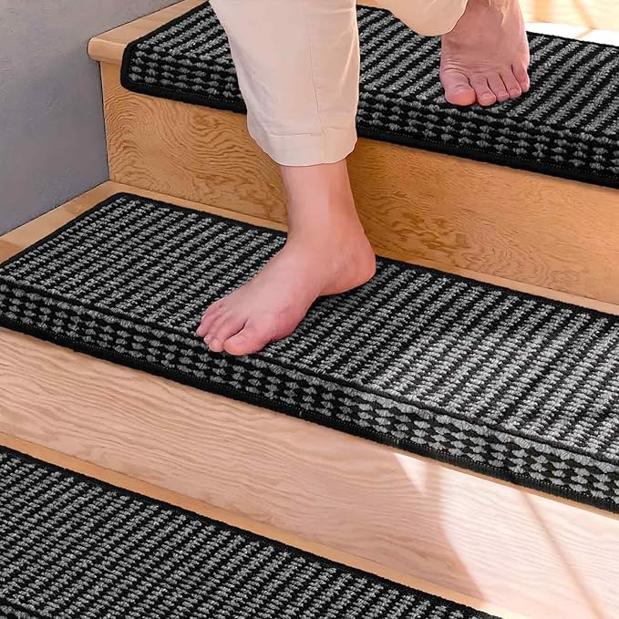 Brakki Bullnose Carpet Stair Treads, Non Slip Stair Treads for Wooden Steps Indoor, Stair Runner, Soft Stair Rugs for Pets, Edging Stair Protectors, Washable, 29.5"x9.5"x1.5" 14pcs, Black Grey