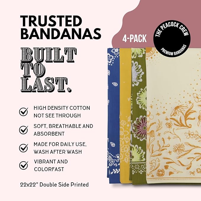 The Peacock Crew Premium Soft Cotton Bandanas Pack for Men and Women Paisley 22 x 22 inches