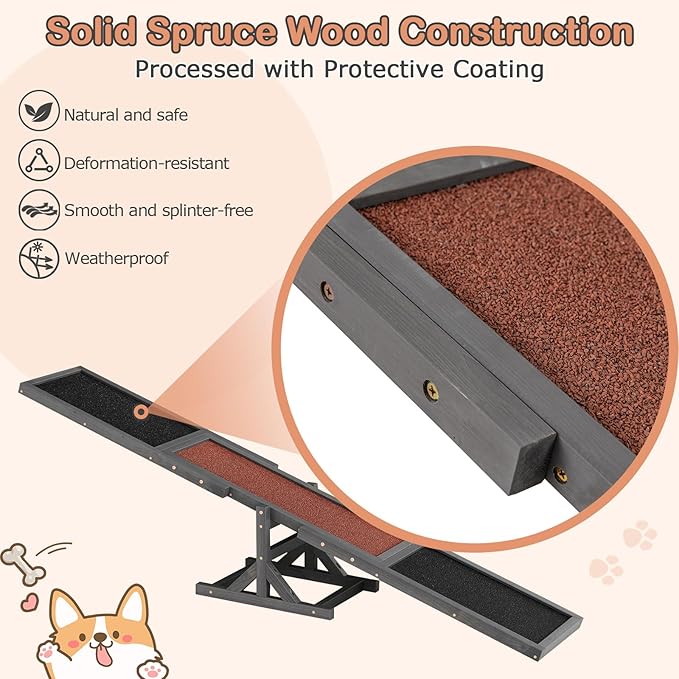 PETSITE Wooden Dog Agility Seesaw, Dog Exercise & Play Set, Outdoor Run Game Toy, Climbing Platform Balance Training Equipment, Weatherproof Pet Supplies for Backyard Obstacle Courses (Grey)