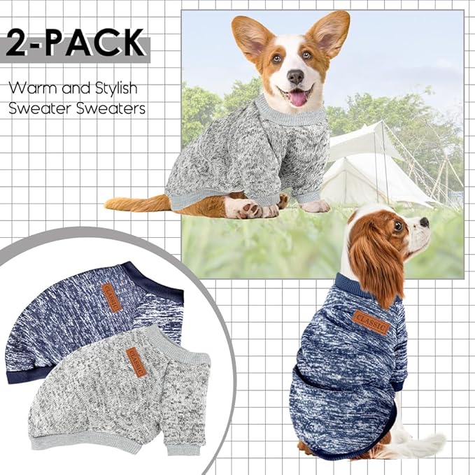 2 Pack Dog Sweaters for Small Dogs Girl Boy Winter Fleece Clothes Warm Soft Dog Sweatshirt Outfit for Dogs Cats Pet Apparel (Grey+Navy Blue, S (Back: 11.8",Chest: 15.7", 5.5-10Ibs))