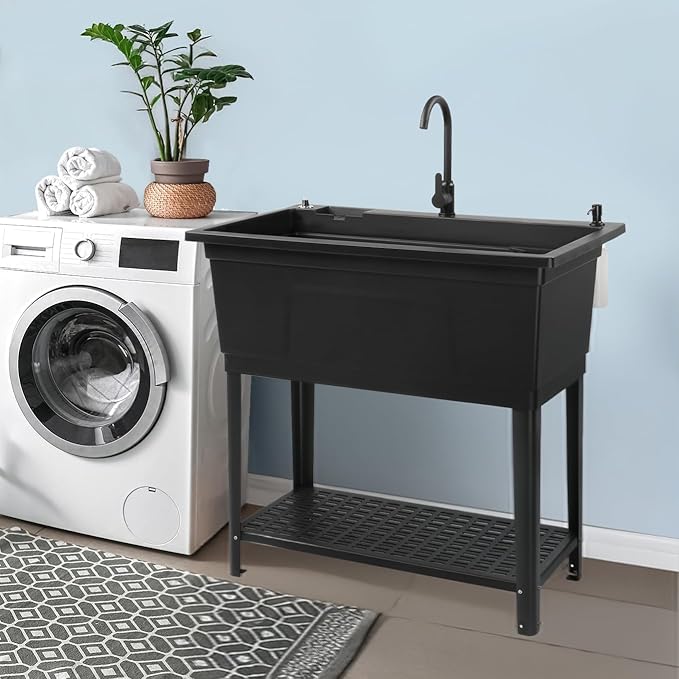 Bonnlo 37-Gallon Freestanding Utility Sink with Faucet, 36" Heightened Basin for Laundry, Garage, Outdoor Garden, Pet Wash, Heavy Duty Plastic Laundry Tub with Storage Shelf, 40"L×24"W×36"H (Black)