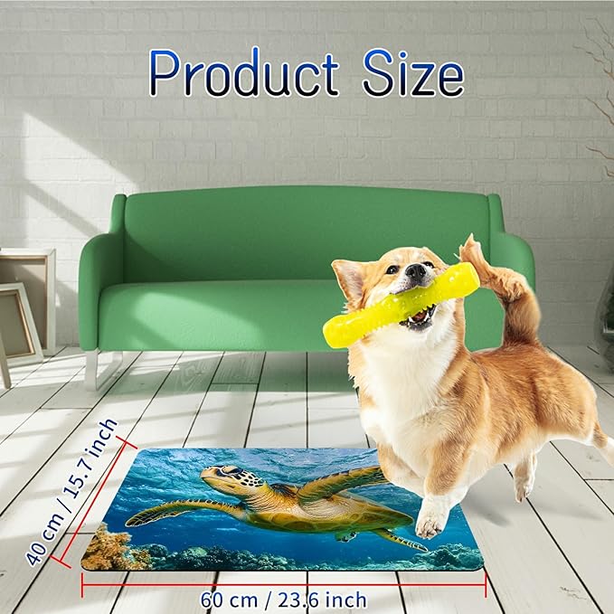 Dog Food Mat, 15.7" x 23.6" Absorbent Pet Feeding Mat for Food and Water, Waterproof Diatom Mud Pet Placemat with Non-Slip Rubber Backing, Easy Clean Cat Bowl Mat for Floors - Ocean Turtle