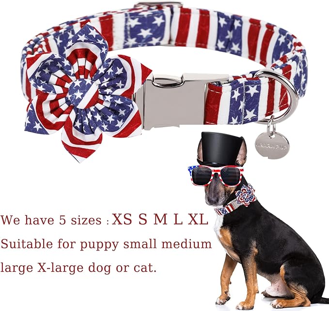 Dog Collar with Flower, 4th of July Comfortable Cotton Dog Collar, American Flag Collar for Puppy Girl Dog or Cat, Patriotic Flower Collar with Metal Buckle, XS