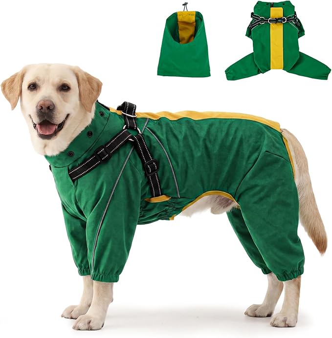 Lelepet Large Dog Raincoat, Rain Jacket Dog with Harness, Waterproof Reflective Coat with Adjustable Detachable Hood, Elastic Waist Zipper Hook and Loop Pet Raincoats, Green, XXL