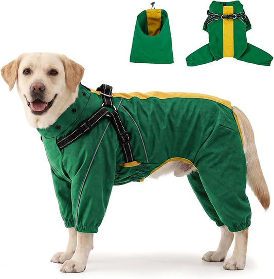 Lelepet Large Dog Raincoat, Rain Jacket Dog with Harness, Waterproof Reflective Coat with Adjustable Detachable Hood, Elastic Waist Zipper Hook and Loop Pet Raincoats, Green, XXL
