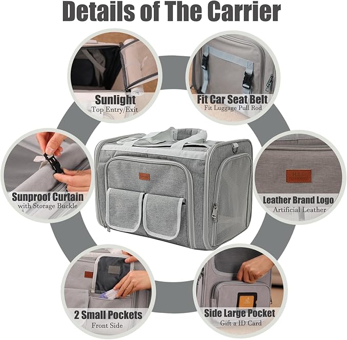 Cats Carrier for Small Dogs Puppy Cat Bag Expandable,Airline Approved,2 Sides Expand,Rabbit Bunny Pets Carriers Small Animals Travel Outdoor Carry Kennel (Grey)