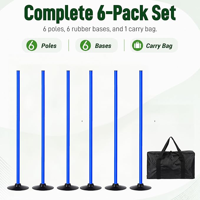 6 Pack Soccer Agility Training Poles, 5 FT Adjustable Speed and Agility Training Equipment for Football/Basketball/Dog Practice, Bending Poles for Horses with Rubber Bases and Carry Bag
