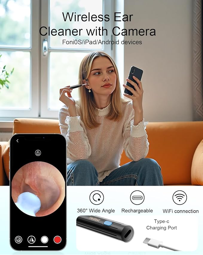 NEATEST Ear Wax Removal Tool with Camera, 1296P HD Wireless Otoscope, 6 LED Lights, IP67 Waterproof, Rechargeable 8 Pcs Ear Cleaning Kit for iOS & Android (Black)