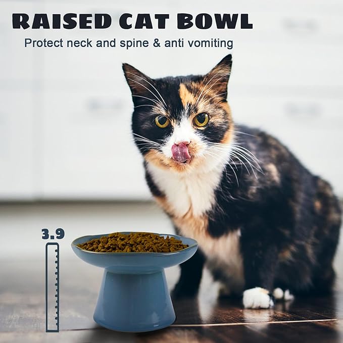 Extra Wide 6.1" Ceramic Raised Cat Food Bowl, Shallow Elevated Pet Feeder for Food Feeding, Anti Vomiting Whisker Fatigue Bowls for Cat Puppy, Blue