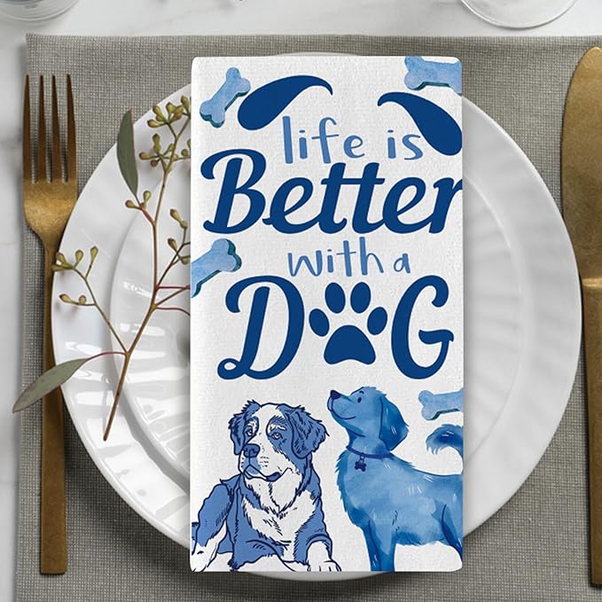 Life is Better with Dog Kitchen Dish Towels Set of 2, Blue German Shepherd Corgi Drying Hand Towel Baking Cooking Cloth, Funny Bathroom Home Decoration Pet Dog Owner Lover Gift 18'' x 26''