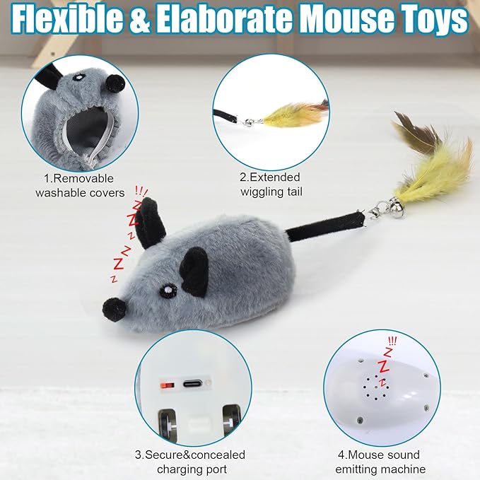 Interactive Dog Toys with Phone App, 2 Modes Remote Control Dog Toy, Dog Mouse Toy with Realistic Sound & Replacement Tails, Automatic Dog Toy for Small Medium Large Dogs, Squeaky Dog Toys Gray