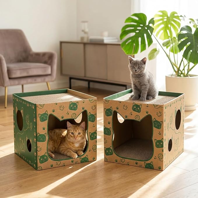 Pumtus 2 Pack Cardboard Cat Houses, Cat Play House with 2 PCS Scratching Pad, Corrugated Kitten Hideaway Cave, Cute Cats Condos Box, Cat Scratching Toy, Scratcher Bed for Indoor Cats, Kittens, Bunny