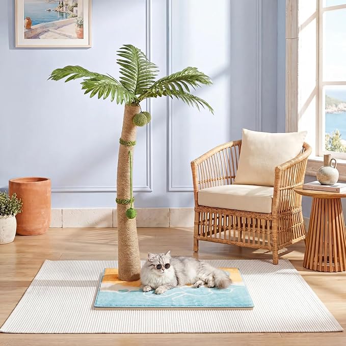 Tall Cat Scratching Post for Indoor Cats Adults, 33'' Large Cat Scratch Post with Perch, Cute Cat Scratching Post with Boho Carpet ＆ Dangling Ball Toys, White