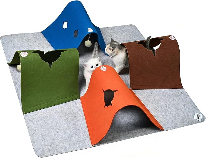 Cat Tunnel Play Mat for Indoor Cats, Felt Interactive Pet Toy with Hidden Ball, Enrichment Activity Rug, Collapsible Cave for Kittens & Small Pets (Colorful)