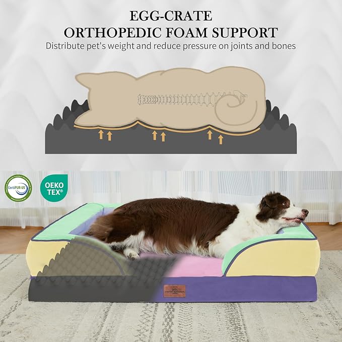 Comfort Expression Orthopedic Dog Bed for Large Dogs 36x27 Inch, Waterproof Egg Crate Foam Large Pet Bed with Bolsters, Dog Couch with Washable Cover & Non-Slip Bottom, Frosted Grape