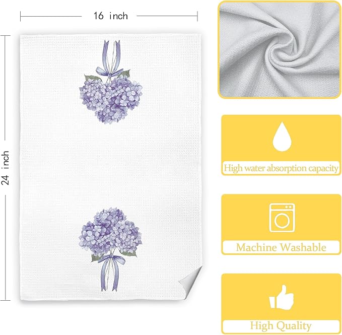 Coquette Purple Hydrangea Floral Hand Towels for Bathroom Spa Gym, Preppy Aesthetic Floral Kitchen Towels, Rustic Hydrangea Flower Dish Tea Towels for Kitchen Decor, 16x24 Inch Set of 2