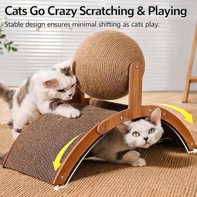 Cat Scratching Ball on Stand, Solid Wood Slanted Cat Scratching Board Design, 2-in-1 Interactive Cat Scratcher Toy with Arch Bridge and 360° Rotating Natural Sisal Ball for Indoor Cat Kittens (M)