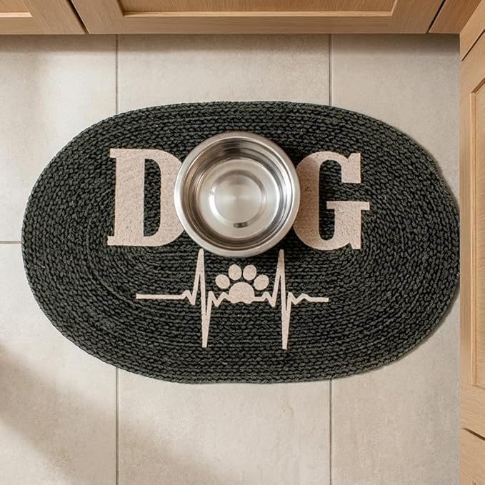 Super Area Rugs Decorative Dog Feeding Mat - 15" x 23" Charcoal Charcoal Pet Placemat for Food and Water Bowls - Soft Natural Cotton Woven Rug - Easy Clean & Absorbent Dog Bowl Mat - Made in India