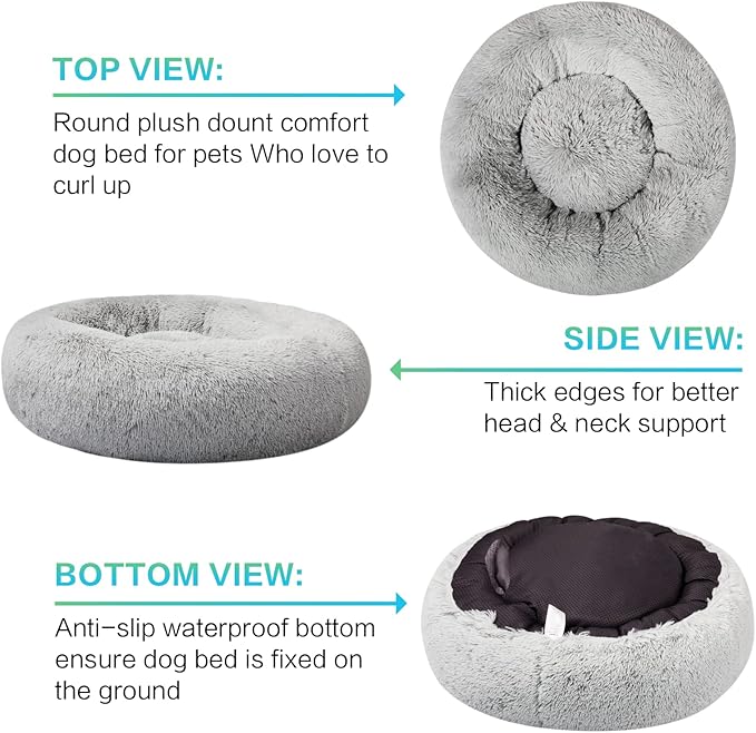 SAVFOX 23 inches Calming Donut Dog Bed - 3X Durable Plush Faux Fur, Machine Washable & Non-Slip, Fits up to 25 lbs, Light Grey