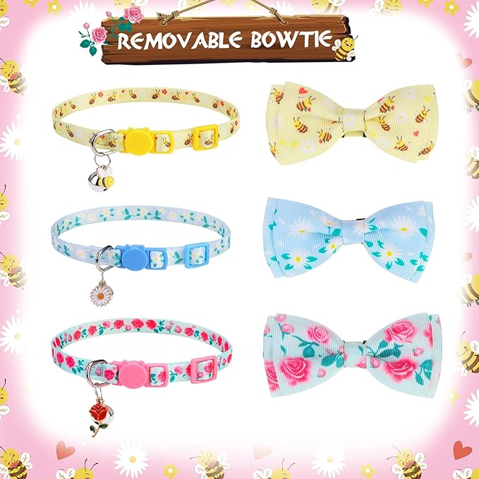 PUPTECK Cat Collar Breakaway with Bells, Kitten Collar Outfit Adjustable for Girl Boy Small Pet Puppy Bunny, Cute Costume Accessory with Safety Release Buckle (Bowtie-Floral)