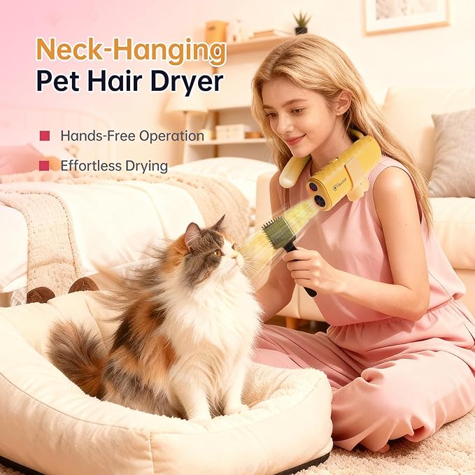 Dog Dryer for Pet Grooming,Pet Neck-Hanging Hair Dryer,Alternating Hot and Cold Airflow.Handheld & Hands-Free.Low-Noise, Ultra-Lightweight.High Wind Speeds.Adjustable Heat & Speed Yellow