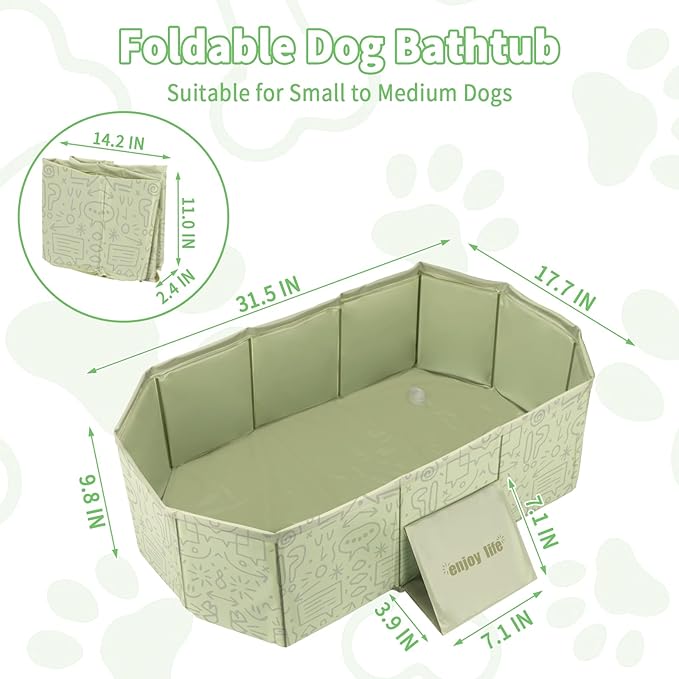 YUEPET Foldable Dog Bathtub,Portable Pet Bath ub with Drain Plug,Collapsible Wash Shower Basin with Non-Slip Base, Insulated Shower Pool for Small to Medium Dogs & Cats, Space-Saving for Travel（Green）
