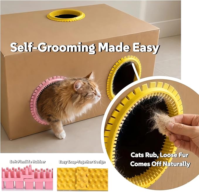 Cat Self Groomer Arch for Cardboard Boxes, DIY Cat Tunnel Brush & Massage Comb for Indoor Cats, Interactive Self Grooming Toy for Cat Cave, Hideouts & Enrichment Play 2 Pack (Pink+Yellow)