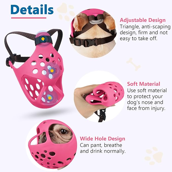 BARKLESS Short Snout Dog Muzzle, Soft Silicone Flat Faced Muzzle for French Bulldog Shih Tzu and Pug for Biting Chewing Licking and Grooming, Allows Panting (S, Hot Pink)