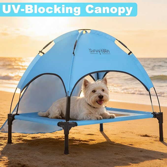 S/M/L Outdoor Elevated Dog Cot with Canopy & Side Shade for Camping Small Medium Dogs (Carry Bag), Portable Cooling Raised Dog Bed