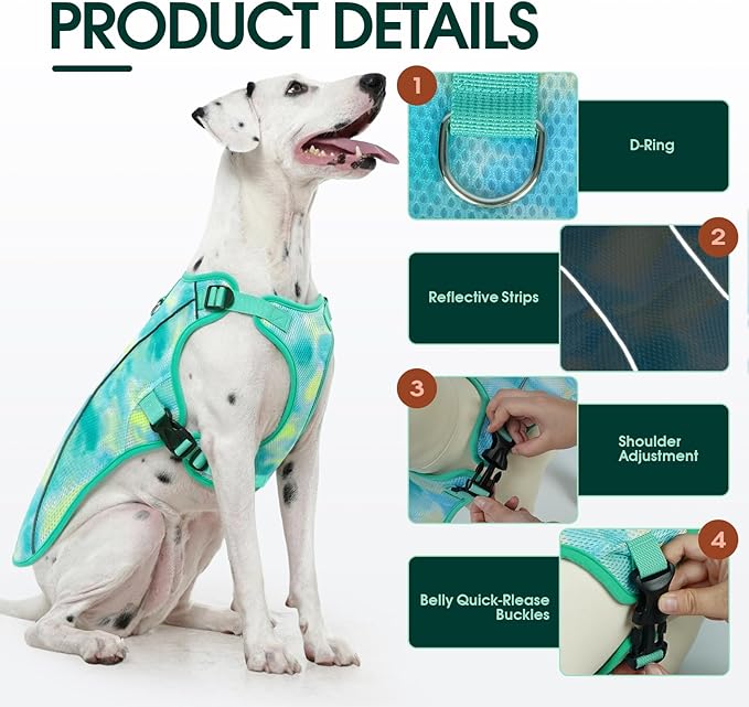 Kuoser Dog Cooling Vest for Dogs, Lightweight Cooling Shirt for Small Medium Large Dogs, Adjustable Pet Cooler Jacket with Reflective Stripe, UV Protection Pet Harness T-Shirt for Summer Outdoor