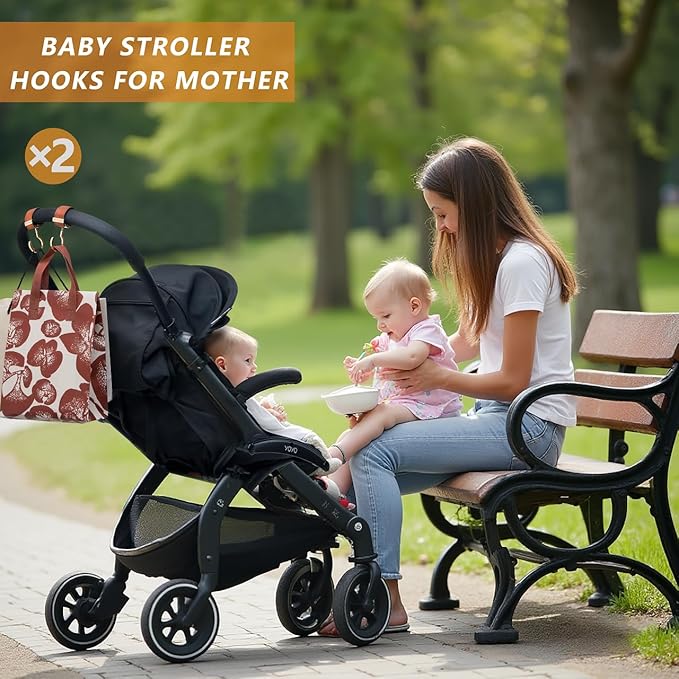 2 Pack Stroller Hooks,Strong Synthetic Leather Hook-and-Loop Fastener&High-Quality Metal Hooks,Universal Bag Clip|360° Rotation, 66lb Capacity,Non-Slip-Fits Wheelchair(Pink-Silver)