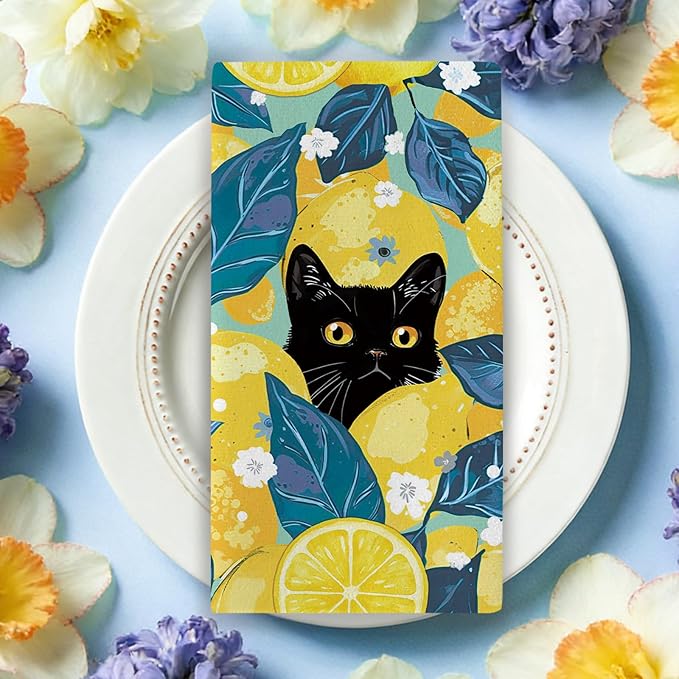 Black Cat Lemon Kitchen Dish Towels Set of 2, Spring Summer Citrus Fruit Drying Hand Towel Baking Cooking Cloth Pet Owner Lover Gifts, Floral Farmhouse Bathroom Home Decoration 18'' x 26''
