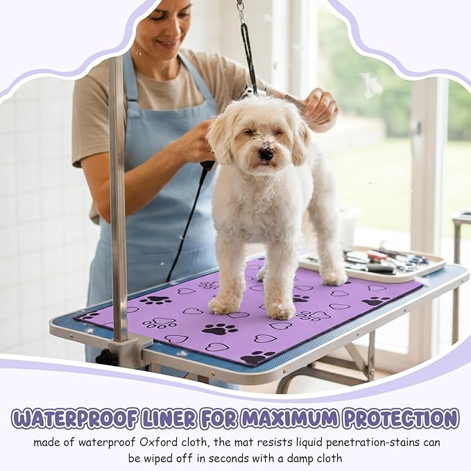 AceOrbit 1 Pack 24x36 Inch Non-Slip Dog Grooming Mat for Table Dog Vet Mat Black and Purple Pet Paw Print Grooming Pad for Cat Pet Checkups Rehabilitation Bath, Waterproof and Easy to Clean