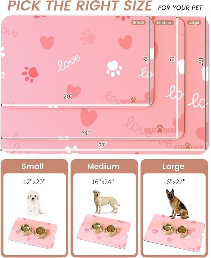 PEISAINOX Cat Dog Food Mat, Rapid Water Absorption Dog Mat for Food and Water,100% Waterproof Cat Dog Bowl Mat, 16"x27"-Pink
