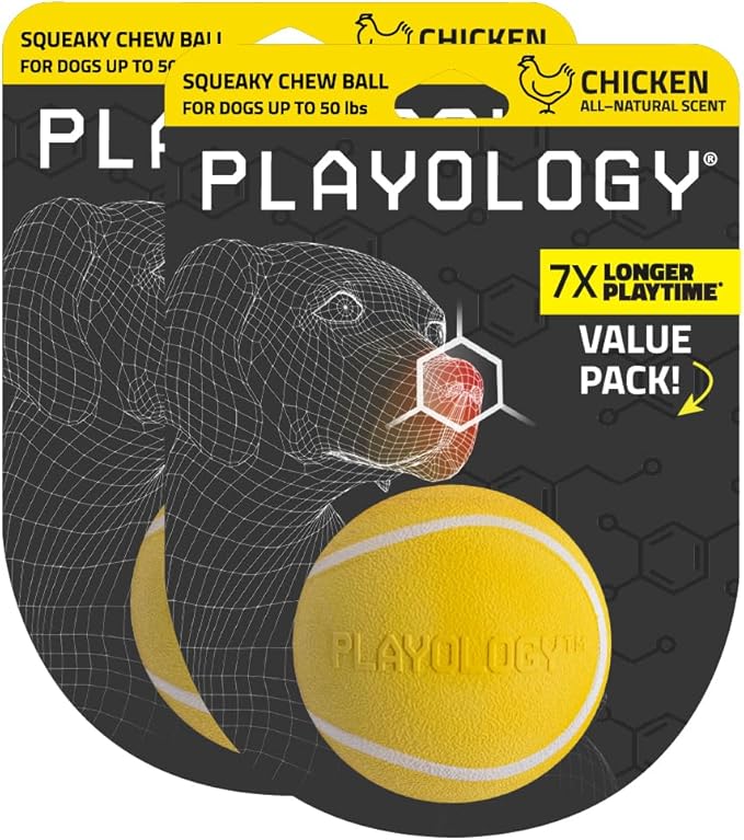 Playology Dog Toys | Squeaky Chew Ball for Dogs, Value 2-Pack | Chicken Scented Medium Dog Balls | Bouncy Floating Chew Toys for Fetch