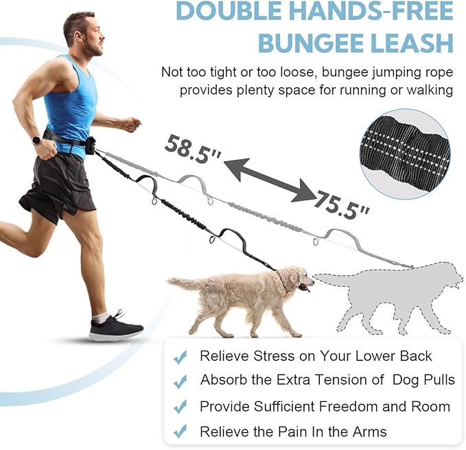 Hands Free Dog Leash with Pouch, Double Leash for Two Dogs, Retractable Bungee with Double Padded Handles, Dog Waist for Dog Walking,Dog Walking Accessories,Black Grey