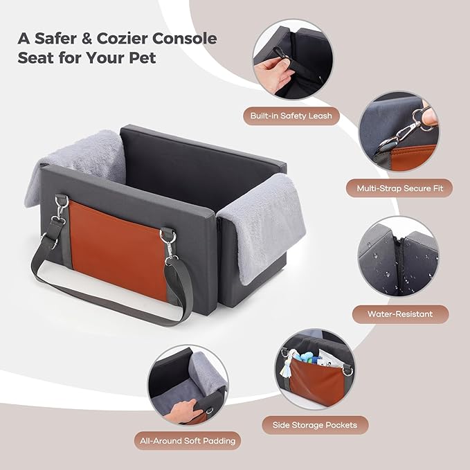 Avont Center Console Dog Car Seat for Small Dogs & Cats, Booster Car Seat with Double Safety Straps, Soft Padded Armrest Travel Carrier with Storage Pockets, Calming Design -Dark Grey