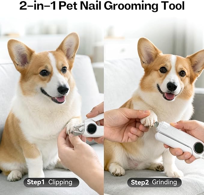 2-in-1 Dog Nail Grinder and Clipper, 3-Speed Rechargeable Pet Nail Trimmer with LED Light, Quiet Electric Nail File for Small Medium Large Dogs and Cats