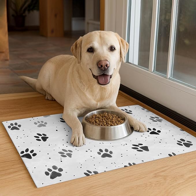 HOMETITUTE 24x16 inch Non Slip Dog Food Mat Pet Bowl Placemat for Food and Water Small Dog Bowl Mats Cat Food Mat Easy to Clean Feeding Mats for Small Pets Paw Print Design