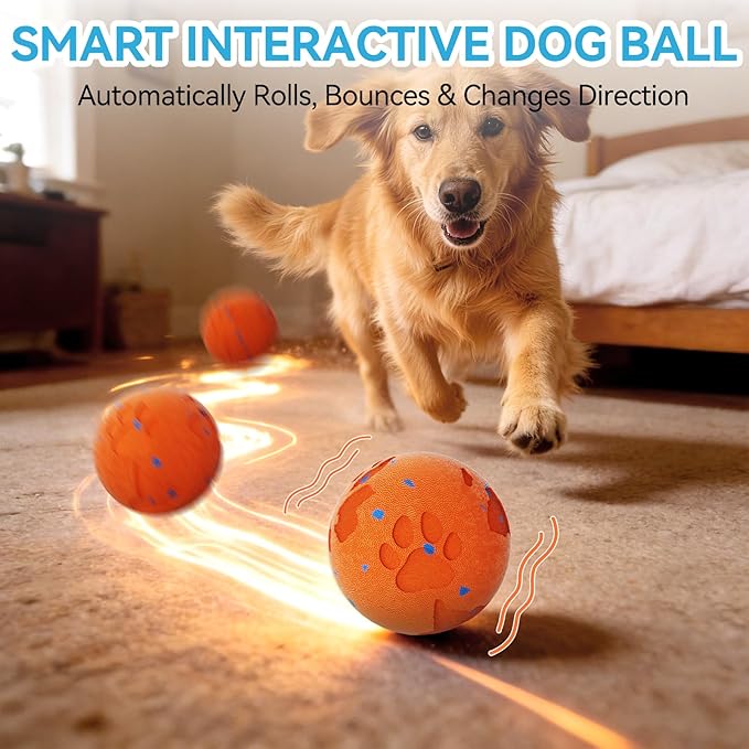Smart Interactive Dog Toy Ball, Automatic Moving Rolling & Bouncing, Motion Activated E-TPU Dog Ball, Waterproof Chew Resistant for Medium & Large Dogs (Orange)