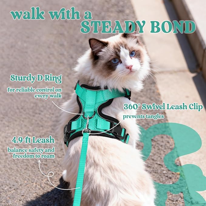 rabbitgoo Cat Harness and Leash Set, Escape Proof Vest Harness for Safe Outdoor Walks, Soft Breathable Adjustable Vest with Reflective Strips for Average to Large Cats, Emerald, M