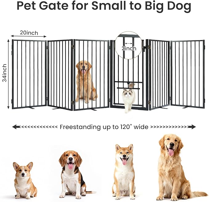 Metal Freestanding Dog Gate with Cat Door for Outdoor & Indoor,34" Tall Foldable Pet Fence,120" Extra Wide Dog Gate for RV Camping,Stairs,Hallways,Doorways,Deck,Yard,with 5PCS Support(6 Panels,Black)