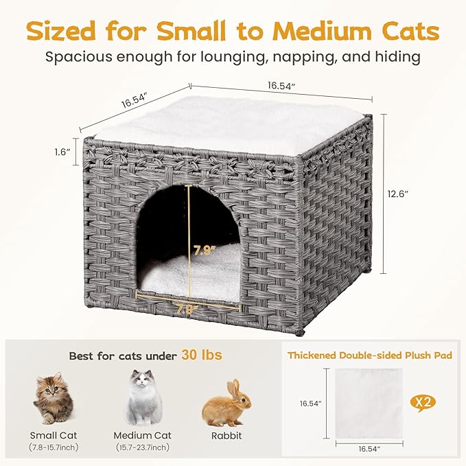 Snughome Handwoven Rattan Cat House - Indoor Foldable Cat Bed Cave with 2 Removable Bed Mats, Large Kitten House, Hideaway Pet Cube, 16.54 x 16.54 x 12.6 Inches, Grey, for Living Room & Bedroom