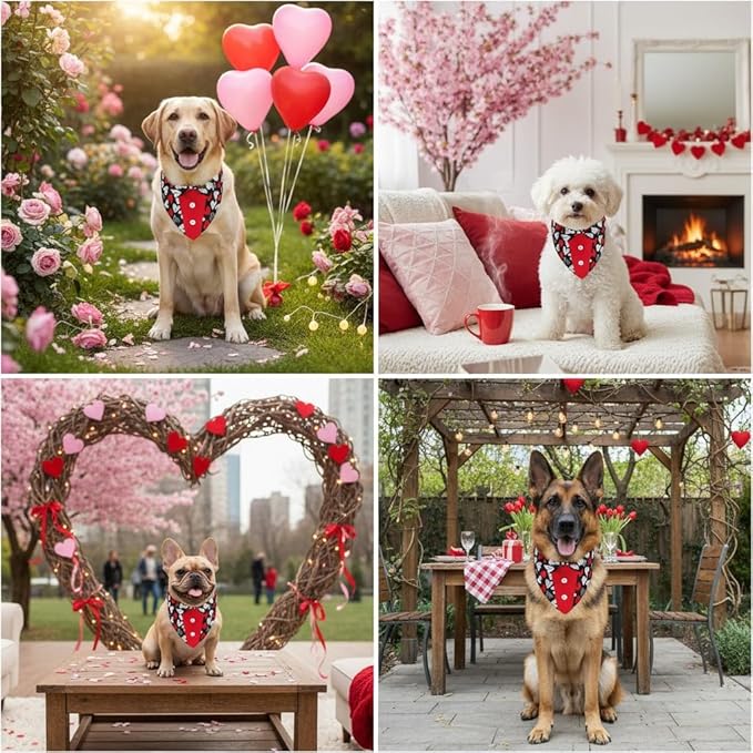 ADOGGYGO Valentine Dog Tuxedo, Red Black Heart Pet Bowtie Collar, Adjustable Valentine Bandana for Small Dogs (S)