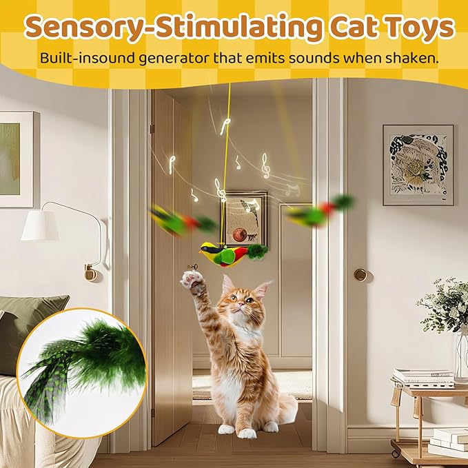 Obfuscate Flying Bird Cat Toy,Realistic Interactive Hanging Cat Toy with Chirping Sound,Retractable Door Frame Toy for Indoor Cats,Suitable for Bored Kittens and Multi-cat households(4Pcs)