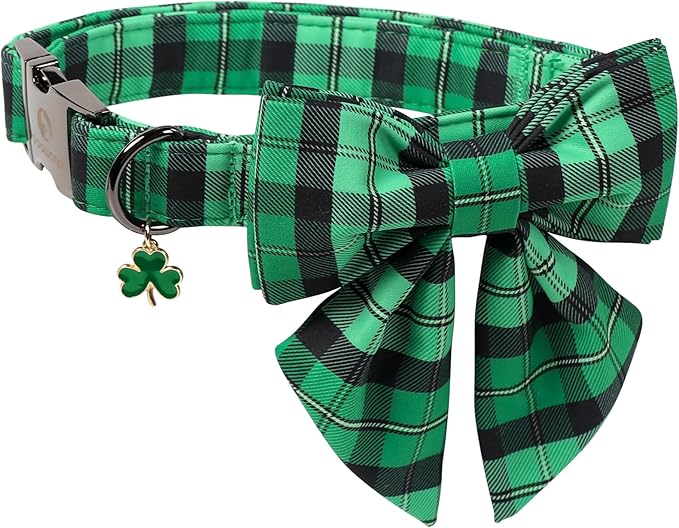 DOGWONG St. Patrick's Day Dog Collar with Sailor Bowtie, Green Plaid Bowtie Dog Collar for Small Medium Large Dogs,XS