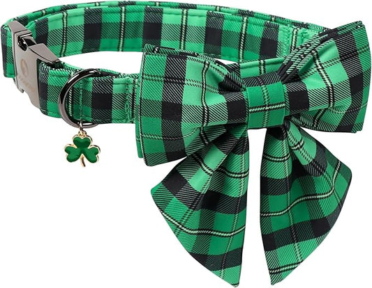 DOGWONG St. Patrick's Day Dog Collar with Sailor Bowtie, Green Plaid Bowtie Dog Collar for Small Medium Large Dogs,XS