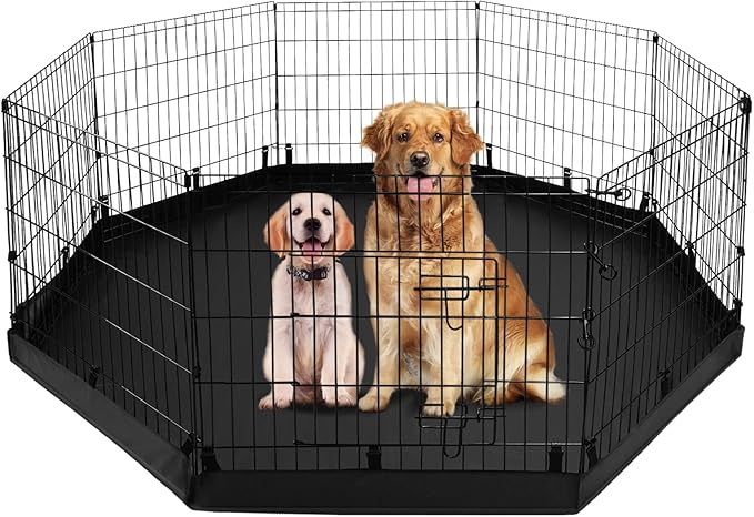PJYuCien Octagonal Dog Playpen with Bottom Pad - Metal Foldable Exercise Pen, 8 Panels 24" H x 24" W Indoor Outdoor Pet Fence Puppy Crate Kennel, Black