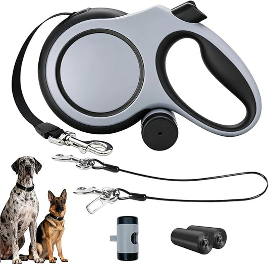 26ft Retractable Dog Leash for Large Dogs with Poop Bag Holder,Heavy Duty Retractable Dog Leash with Chew Proof Extender,One-Hand Lock System,Impact-Resistant,Up to 110 lbs (Grey)
