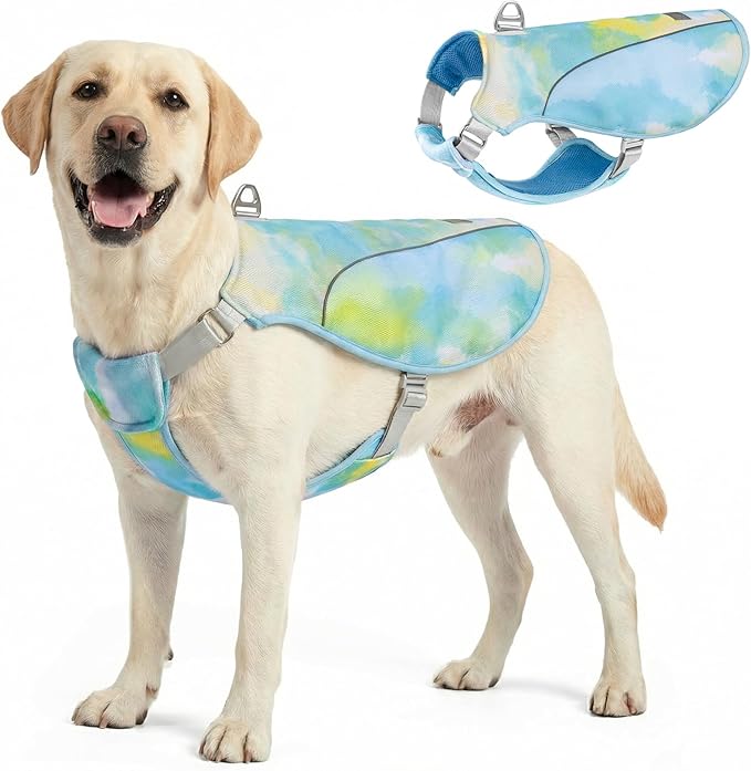 KYEESE Dog Cooling Vest, Breathable Mesh Dog Cooling Shirt for Large Dogs with D-Ring, Sun Protection Reflective Dogs Cooler Jacket with Adjustable Buckle for Summer Hiking Walking, Blue, 2XL